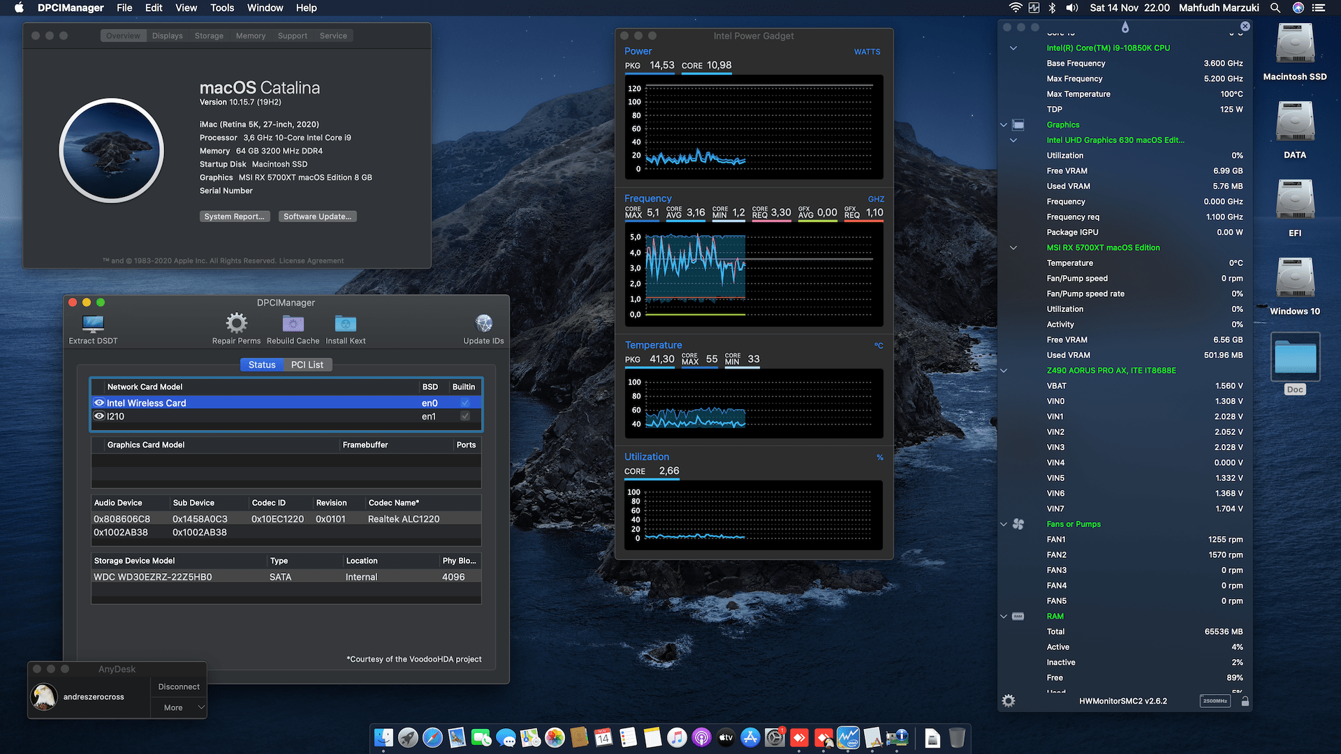 Gigabyte Z490 Aorus Pro AX + Intel Core i9 10850K + MSI RX 5700XT   OpenCore 1