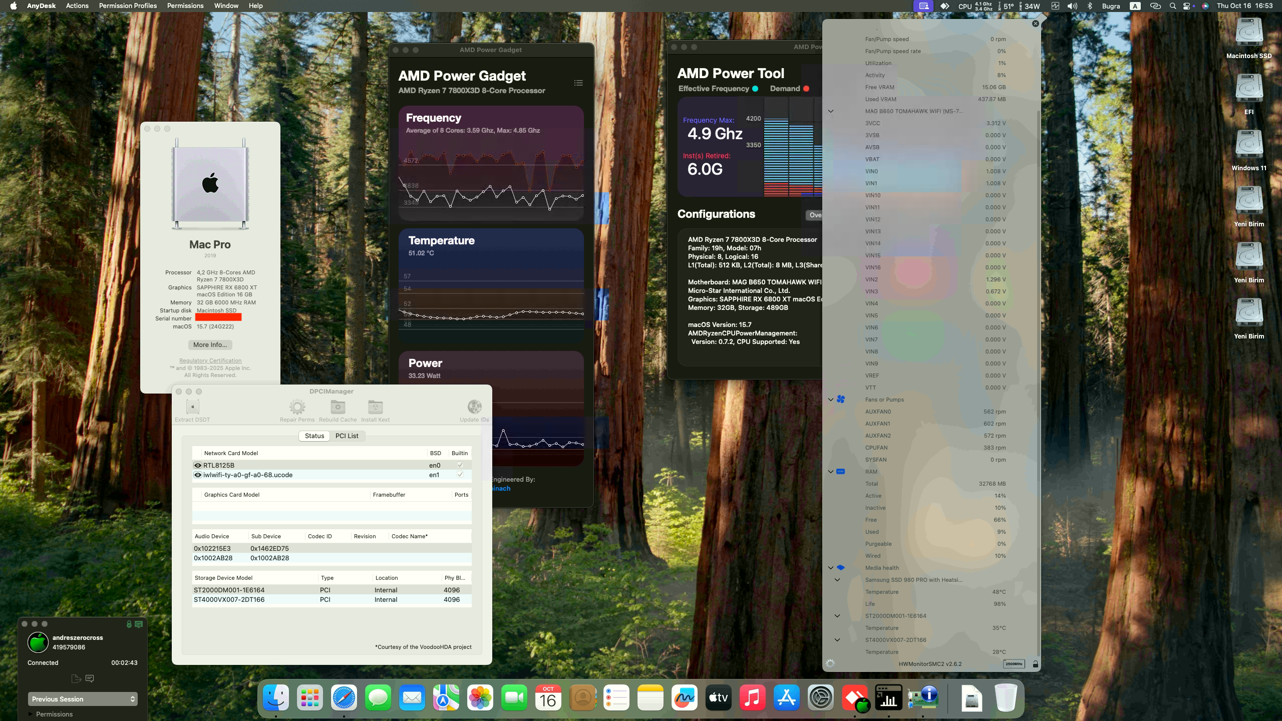 Success Hackintosh macOS Sequoia 15.7 Build 24G222 in MSI MAG B650 Tomahawk Wifi + AMD Ryzen 7 7800X3D + Sapphire RX 6800 XT