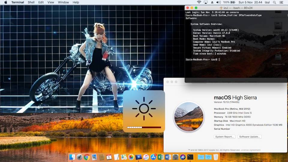 Success Hackintosh macOS High Sierra 10.13 Build 17A405 at Toshiba Dynabook R732/H